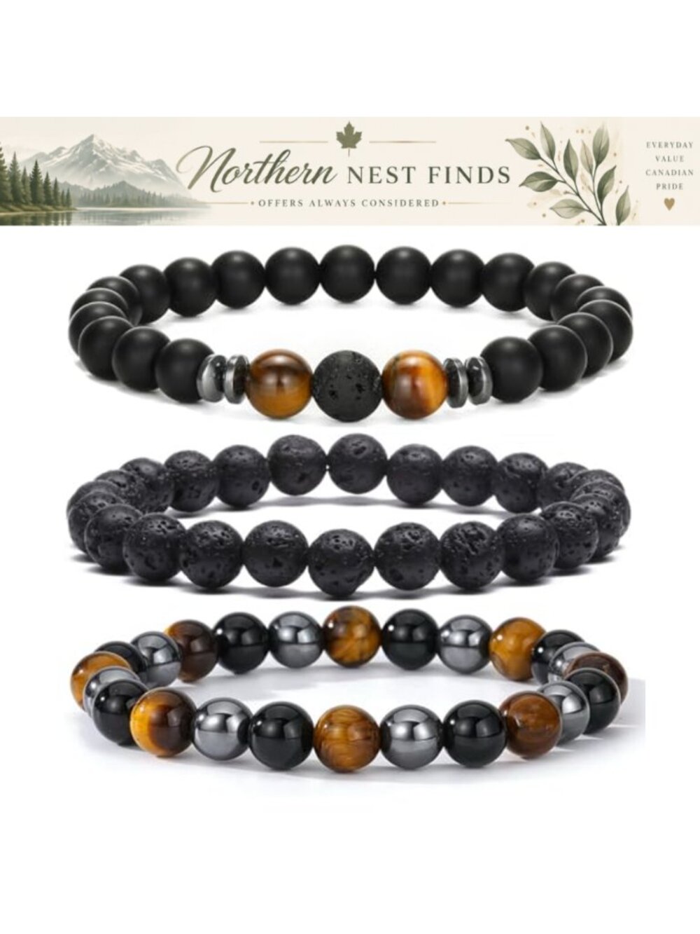 Mens Beaded Bracelets Set 8mm Lava Rock Natural Stone Stretch 7in